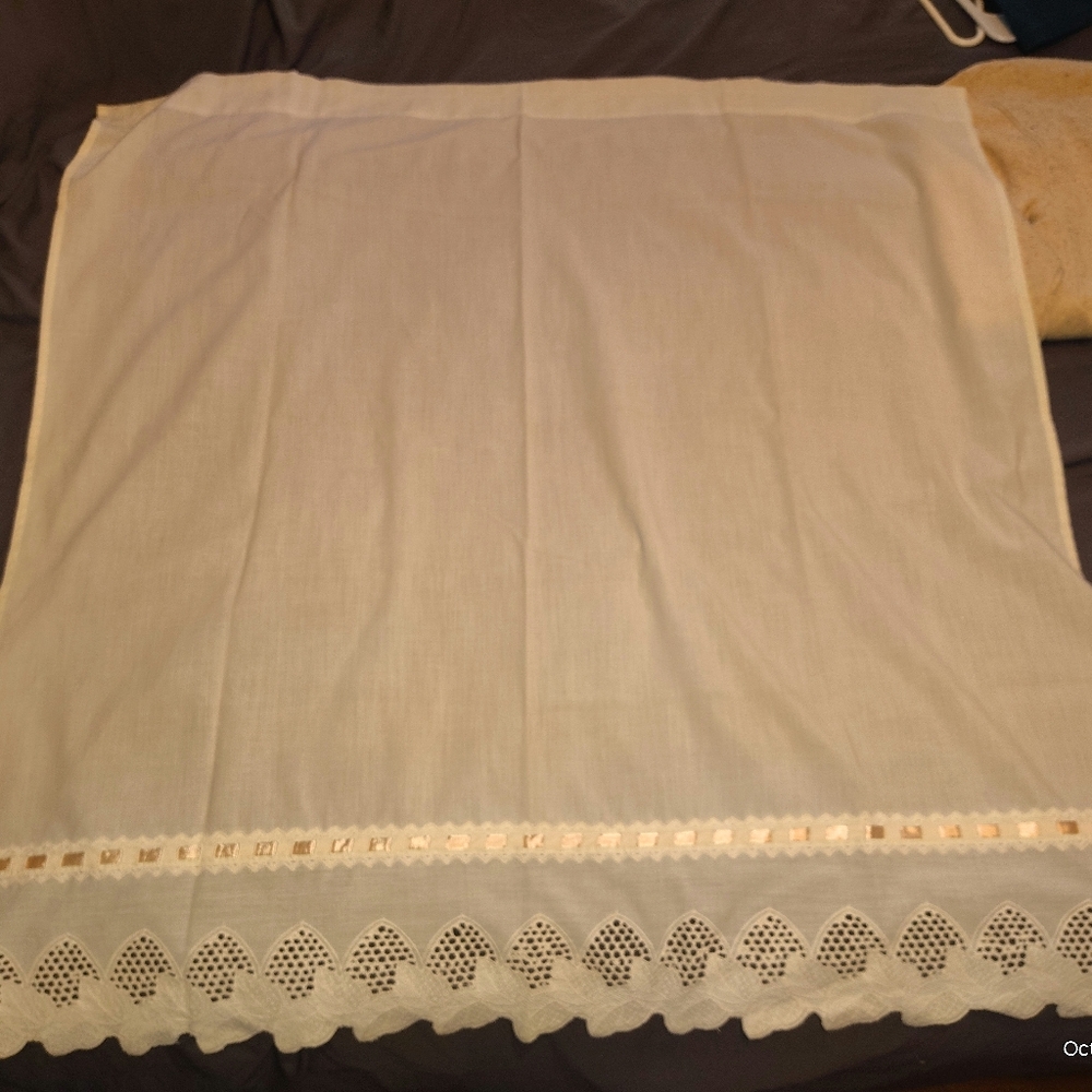 Cream Lace Trim Curtains- 4 Panels Pink Ribbon Trim. Delicate And Vintage